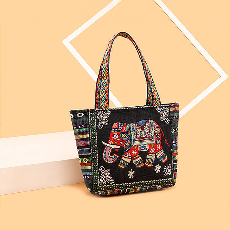 Große Canvas-Tragetasche mit Elefanten-Schmetterlings-Stickerei – Spiritueller Charme