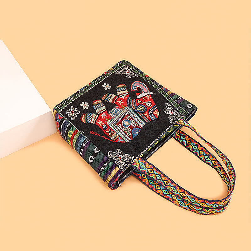 Große Canvas-Tragetasche mit Elefanten-Schmetterlings-Stickerei – Spiritueller Charme