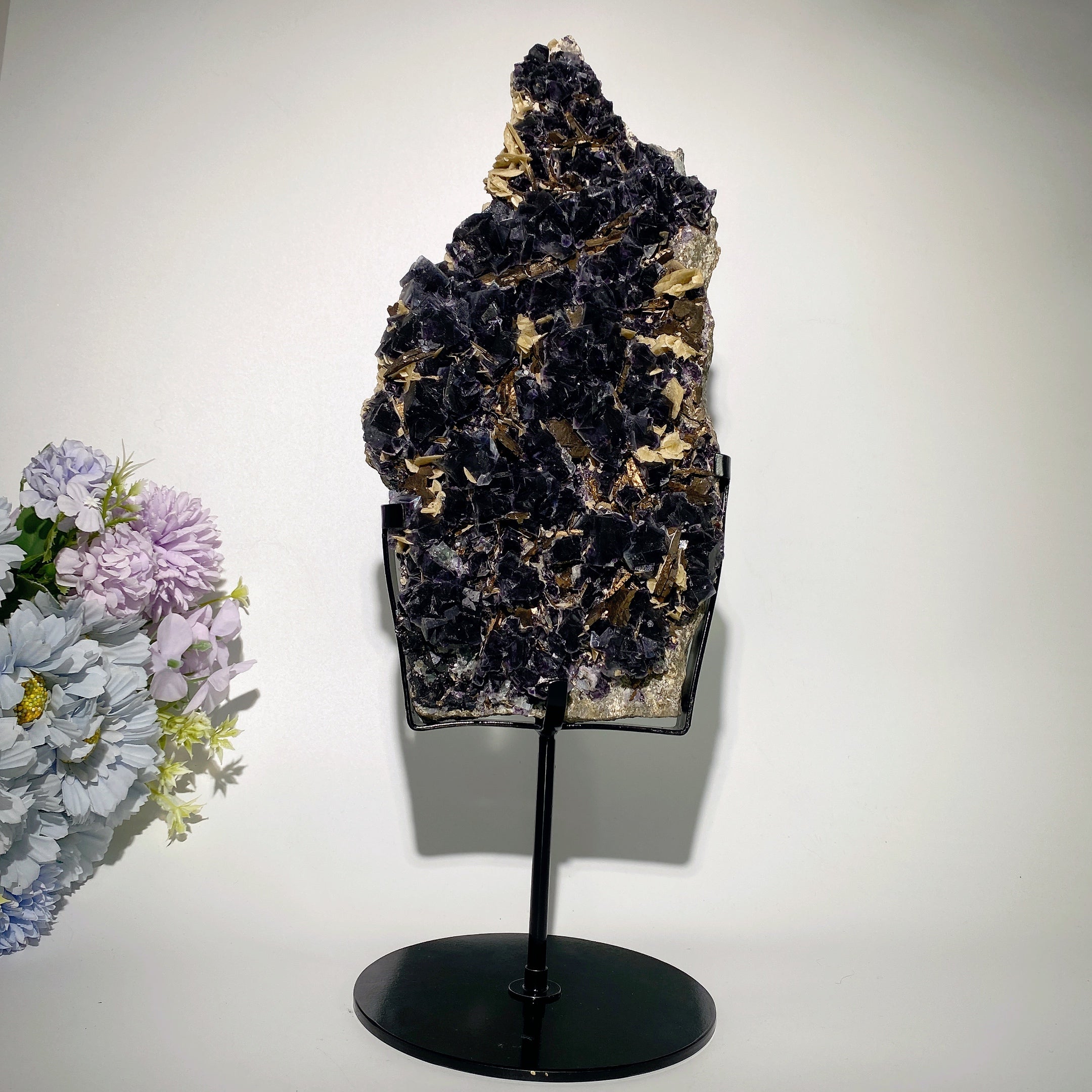 Large Dark Purple Fluorite Raw Crystal with Calcite and Pyrite