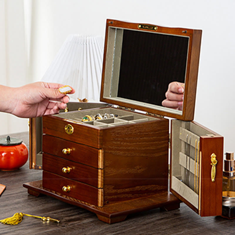 Große Vintage Schmuckschatulle aus Holz mit Spiegel | Heilende Klänge