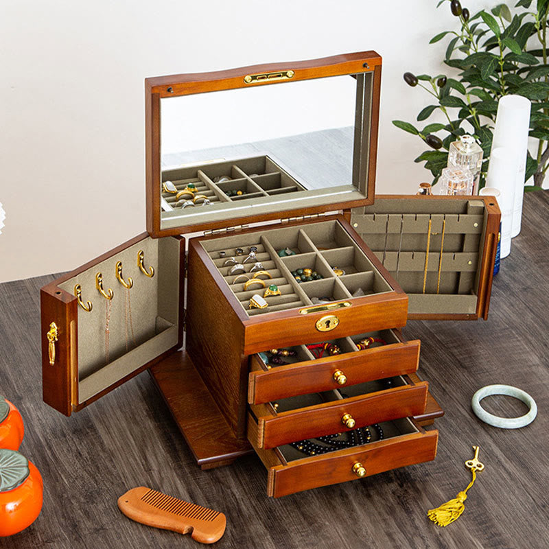 Große Vintage Schmuckschatulle aus Holz mit Spiegel | Heilende Klänge