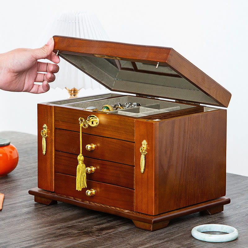 Große Vintage Schmuckschatulle aus Holz mit Spiegel | Heilende Klänge