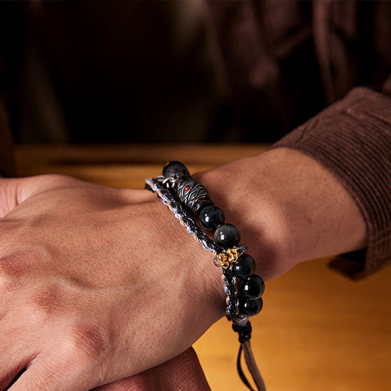 Lavastein-Tigerauge-Armband, 10 mm, handgefertigter Heilschmuck
