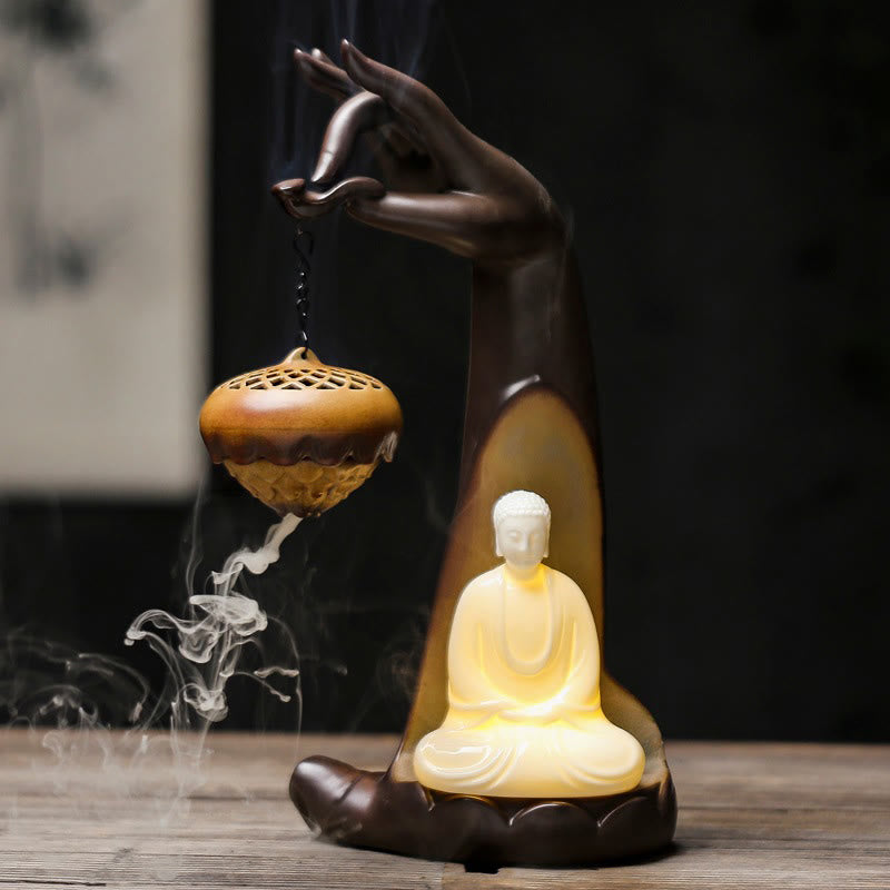 LED Buddha Hand Rückfluss Rauchbrunnen Keramik Weihrauchbrenner