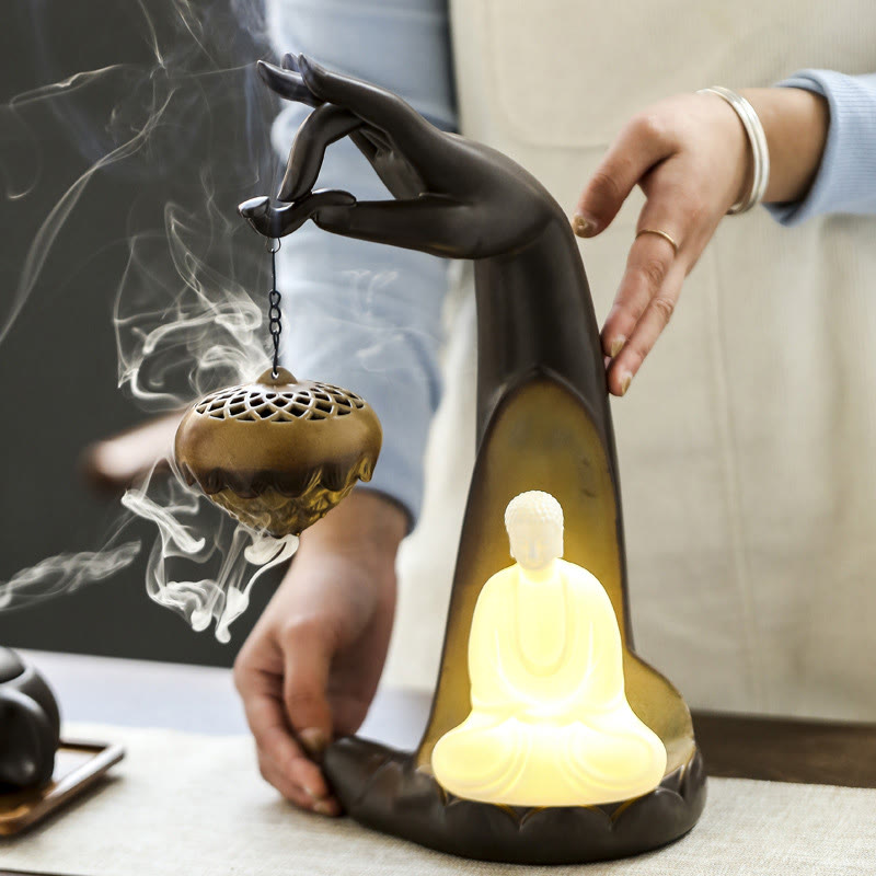 LED Buddha Hand Rückfluss Rauchbrunnen Keramik Weihrauchbrenner