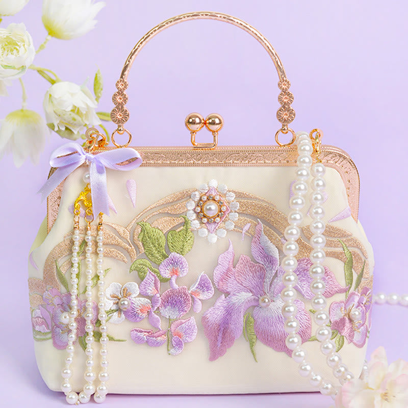 Hellviolette Tasche mit bestickter Blumenquaste für spirituelle Energie