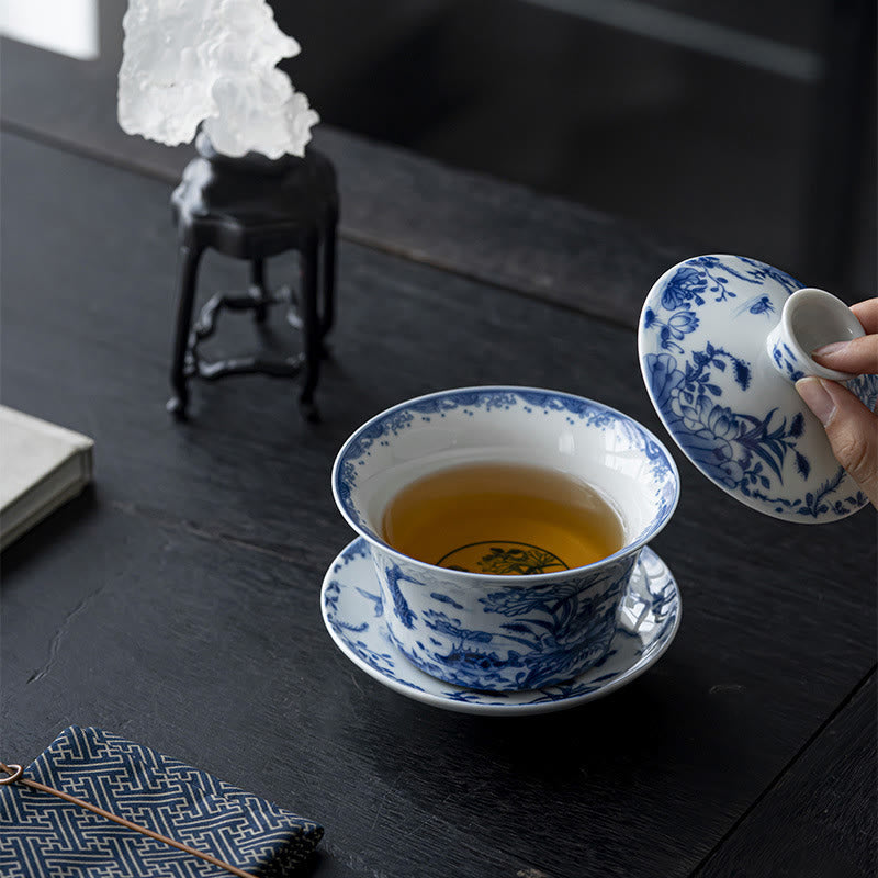 Löwentanz-Keramik-Gaiwan-Teetasse 300 ml mit Deckel und Untertasse
