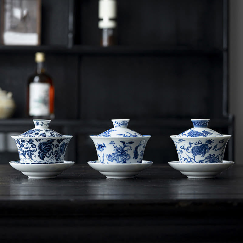 Löwentanz-Keramik-Gaiwan-Teetasse 300 ml mit Deckel und Untertasse