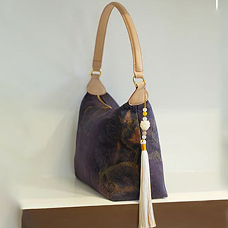Lotus Umhängetasche aus Bambus, Kranich und Hirsch, Seide, 26 cm