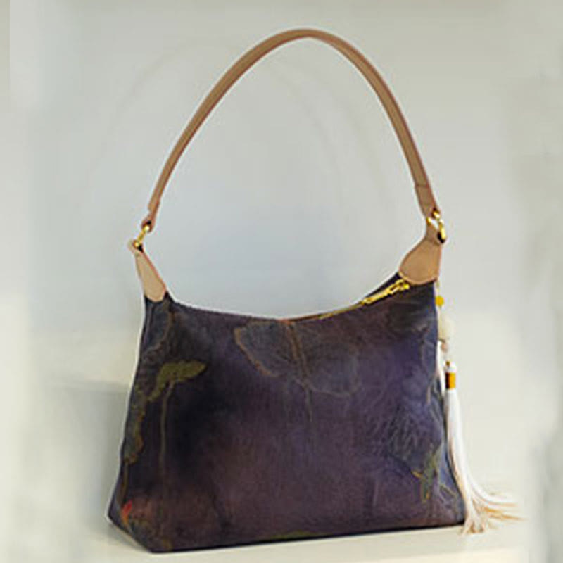 Lotus Umhängetasche aus Bambus, Kranich und Hirsch, Seide, 26 cm