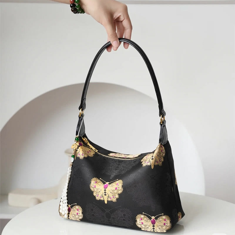 Lotus Umhängetasche aus Bambus, Kranich und Hirsch, Seide, 26 cm