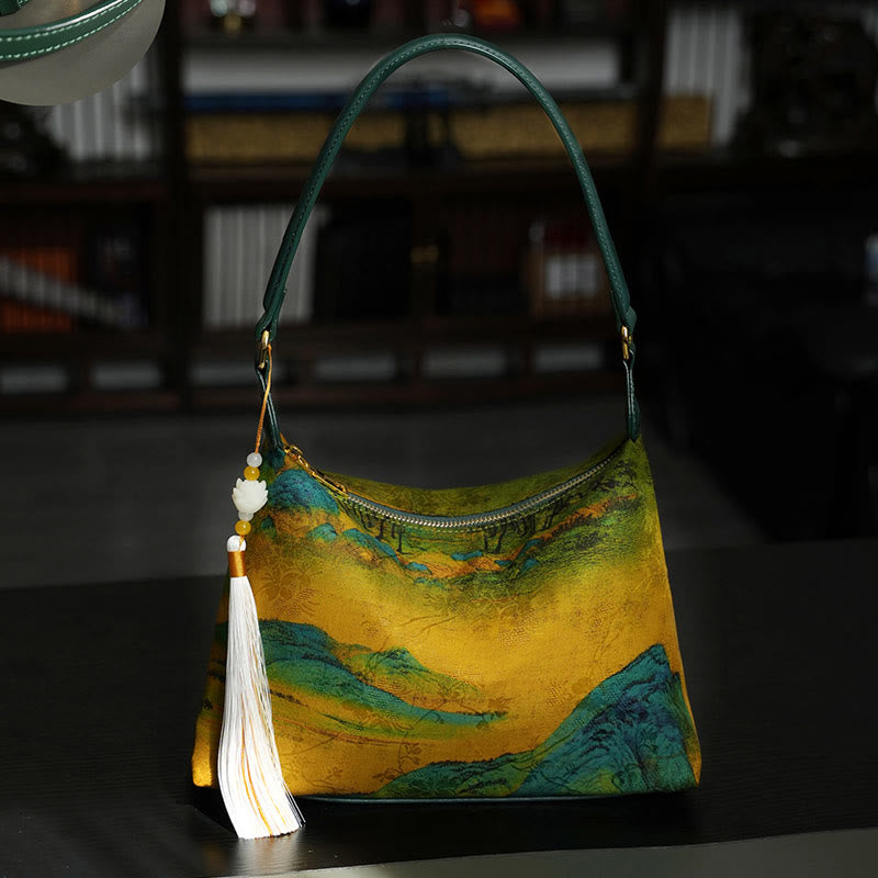 Lotus Umhängetasche aus Bambus, Kranich und Hirsch, Seide, 26 cm