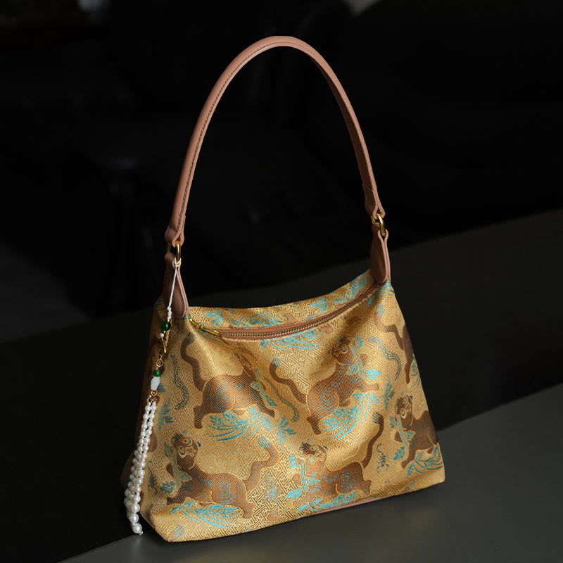 Lotus Umhängetasche aus Bambus, Kranich und Hirsch, Seide, 26 cm