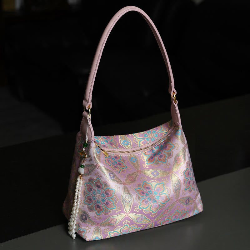 Lotus Umhängetasche aus Bambus, Kranich und Hirsch, Seide, 26 cm