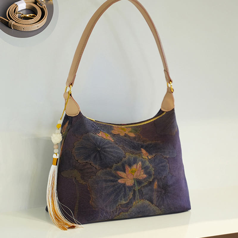 Lotus Umhängetasche aus Bambus, Kranich und Hirsch, Seide, 26 cm