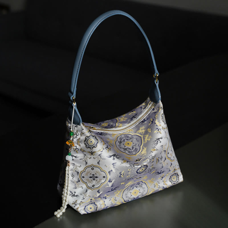 Lotus Umhängetasche aus Bambus, Kranich und Hirsch, Seide, 26 cm