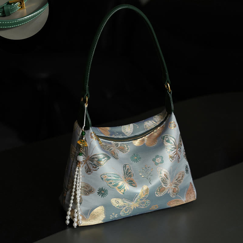 Lotus Umhängetasche aus Bambus, Kranich und Hirsch, Seide, 26 cm