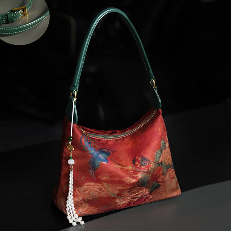 Lotus Umhängetasche aus Bambus, Kranich und Hirsch, Seide, 26 cm
