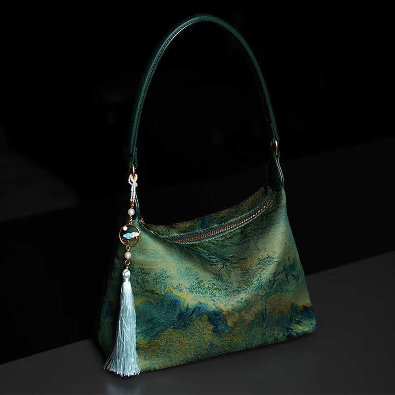 Lotus Umhängetasche aus Bambus, Kranich und Hirsch, Seide, 26 cm