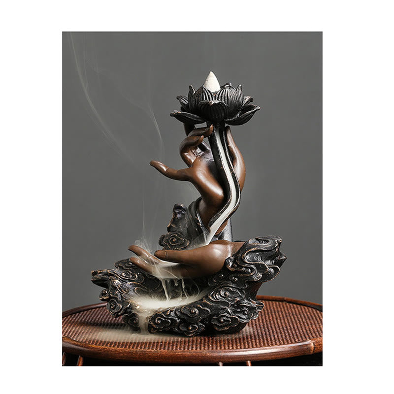 Rückfluss-Räuchergefäß mit Lotus-Buddha-Hand, Kunstharz, 17,9 cm