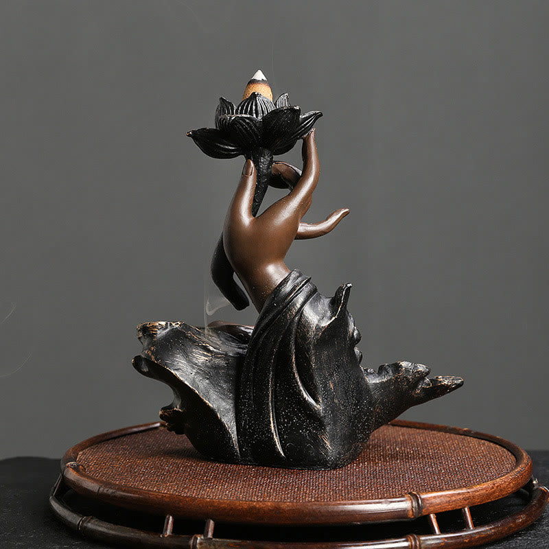 Rückfluss-Räuchergefäß mit Lotus-Buddha-Hand, Kunstharz, 17,9 cm