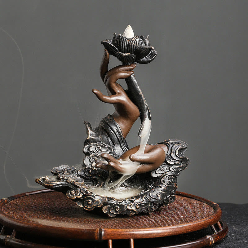 Rückfluss-Räuchergefäß mit Lotus-Buddha-Hand, Kunstharz, 17,9 cm