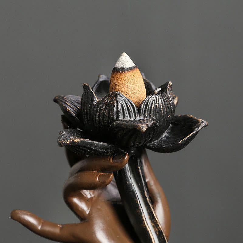 Rückfluss-Räuchergefäß mit Lotus-Buddha-Hand, Kunstharz, 17,9 cm