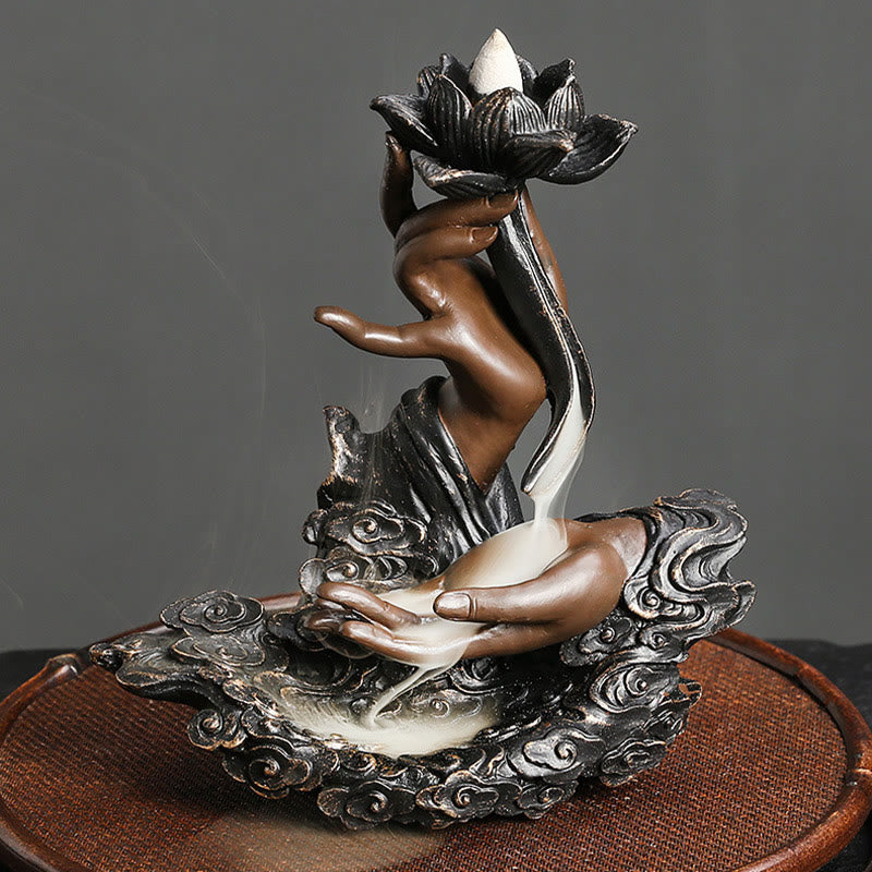 Rückfluss-Räuchergefäß mit Lotus-Buddha-Hand, Kunstharz, 17,9 cm