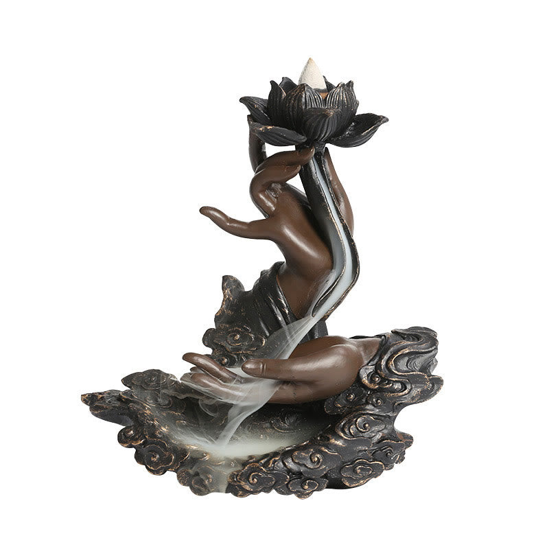 Rückfluss-Räuchergefäß mit Lotus-Buddha-Hand, Kunstharz, 17,9 cm