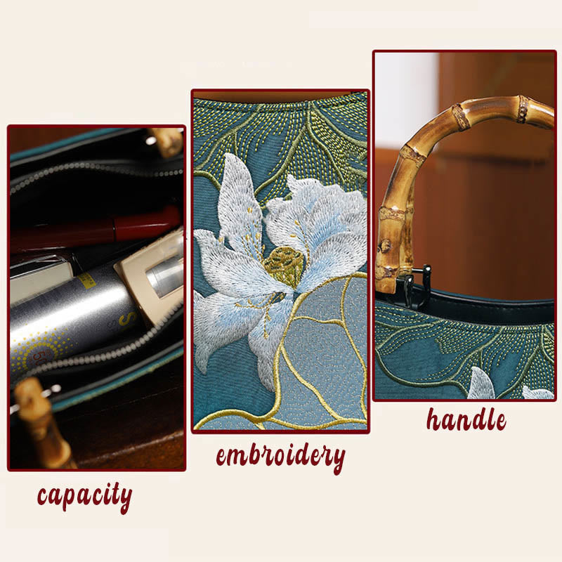 Handtasche mit Lotus-Stickerei und Bambusgriff, 17 x 15 cm