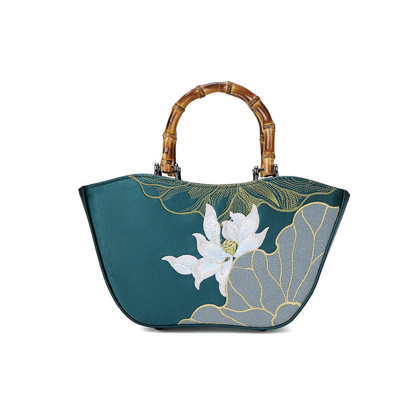 Handtasche mit Lotus-Stickerei und Bambusgriff, 17 x 15 cm