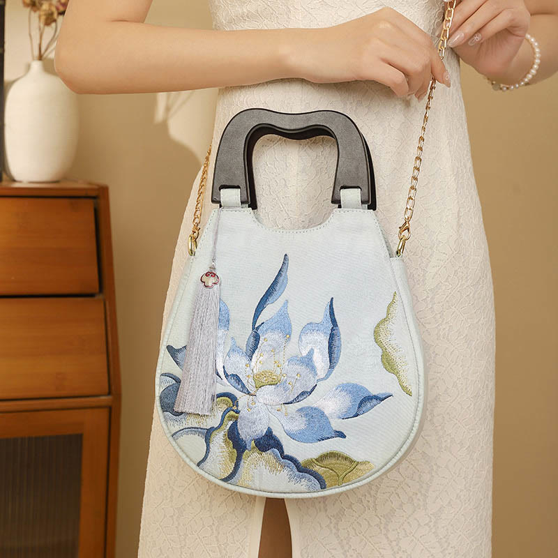 Lotus Stickerei Handtasche | Spirituelle Umhängetasche 23cm