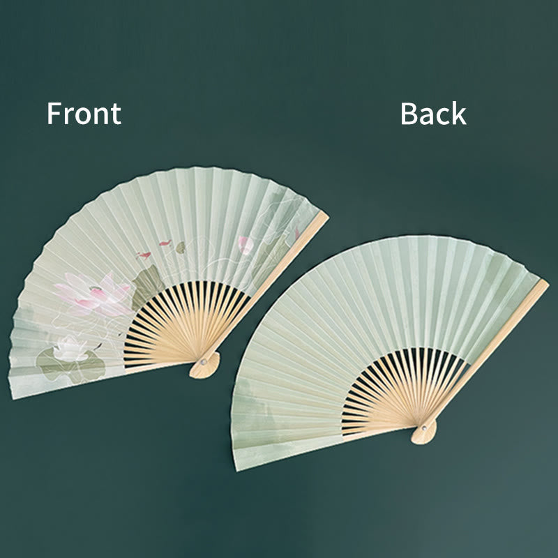Chinesischer Faltfächer mit Lotusblume und Bambus und Papier