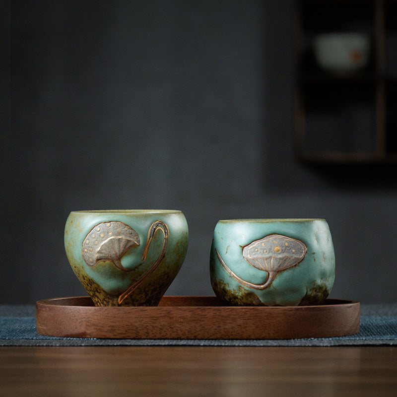 Keramik-Teetasse mit Lotus-Schote, graviert, 155 ml, Achtsamkeit
