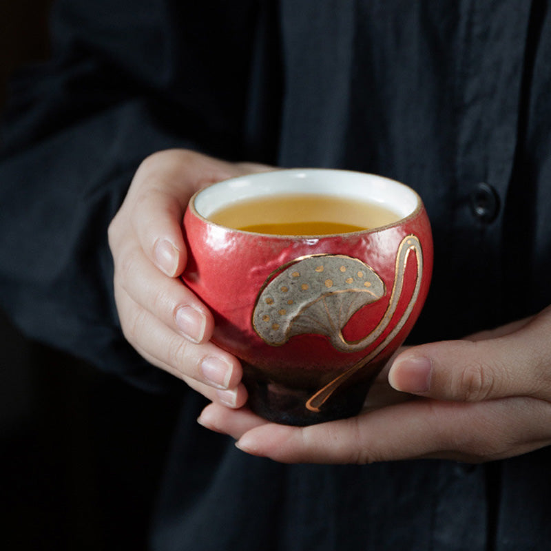 Keramik-Teetasse mit Lotus-Schote, graviert, 155 ml, Achtsamkeit