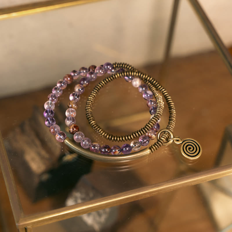 Armband der Liebe und Vergebung mit violettem Phantom, rotem Hämatoid und grünem Rutilquarz