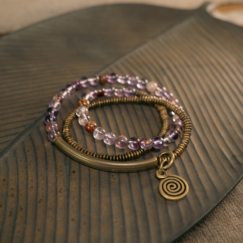 Armband der Liebe und Vergebung mit violettem Phantom, rotem Hämatoid und grünem Rutilquarz