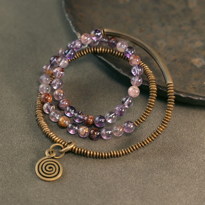 Armband der Liebe und Vergebung mit violettem Phantom, rotem Hämatoid und grünem Rutilquarz