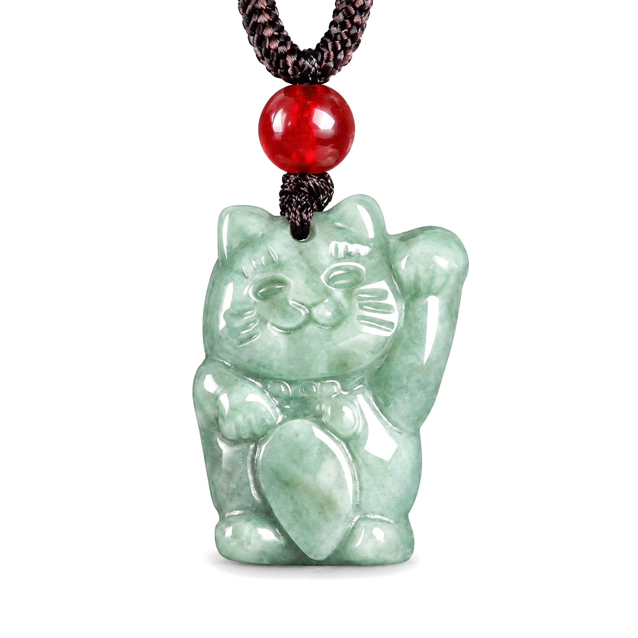 Lucky Cat Jade Abundance Pendant, Bean Green Jade, on a white background