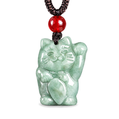 Lucky Cat Jade Abundance Pendant, Bean Green Jade, on a white background