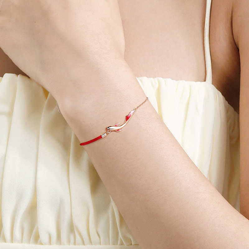 Glücksbringer-Armband aus Sterlingsilber mit roter Schnur, Koi-Fisch, 16 + 3 cm