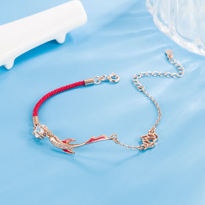 Glücksbringer-Armband aus Sterlingsilber mit roter Schnur, Koi-Fisch, 16 + 3 cm