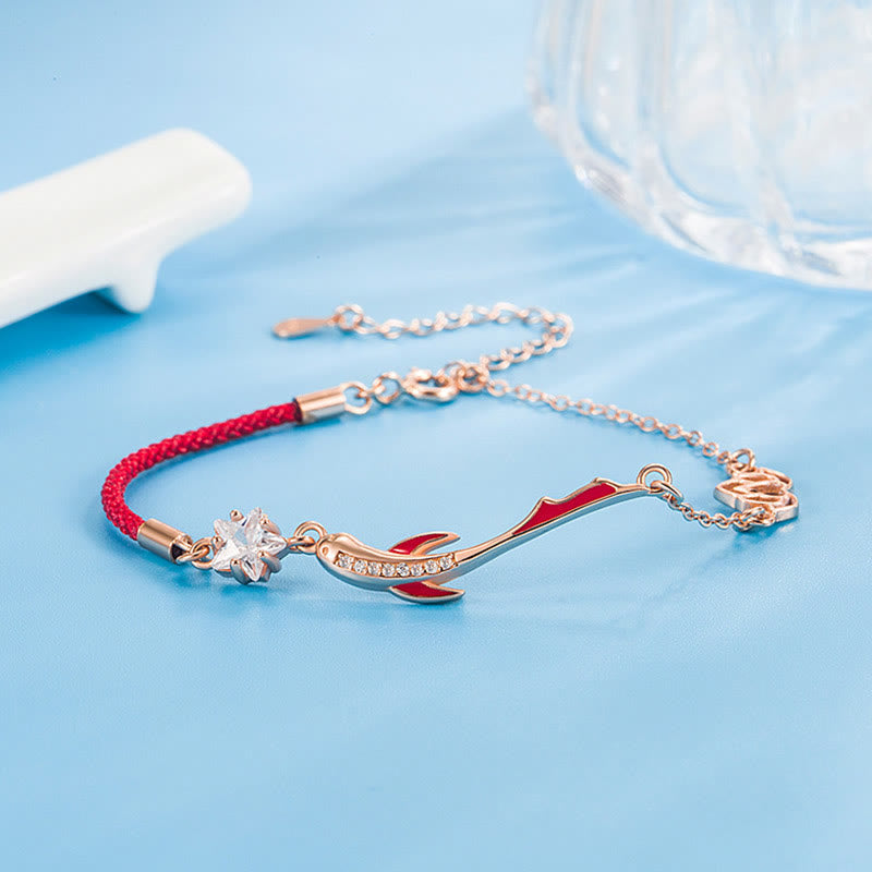 Glücksbringer-Armband aus Sterlingsilber mit roter Schnur, Koi-Fisch, 16 + 3 cm