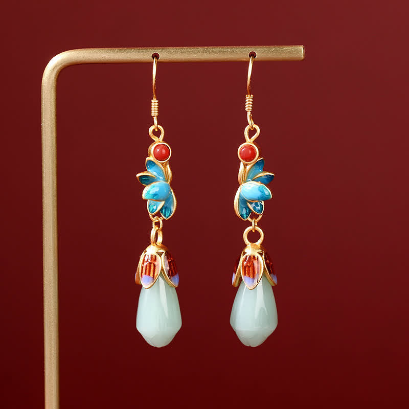 Magnolienblüte Jade Prosperity Tropfen Ohrringe