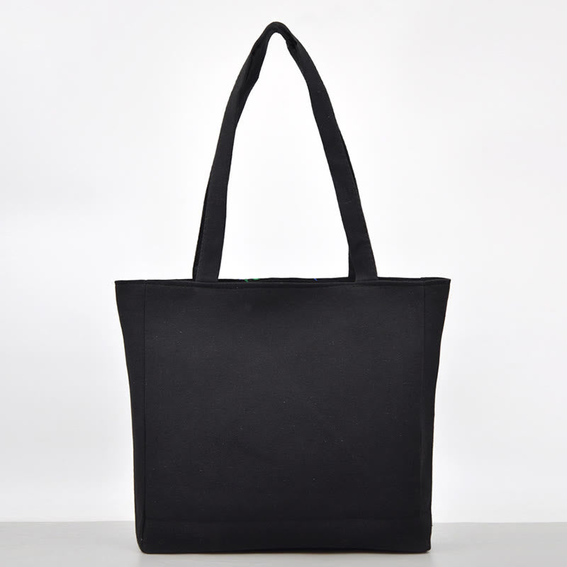 Canvas-Tasche mit Elster-Stickerei und Pfingstrosen- und Chrysanthemenblüten