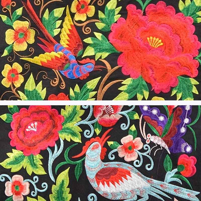 Canvas-Tasche mit Elster-Stickerei und Pfingstrosen- und Chrysanthemenblüten