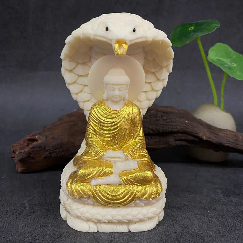 Mittlere Elfenbein-Buddha-Statue mit Schlangen-Lotus-Gelassenheitssymbol