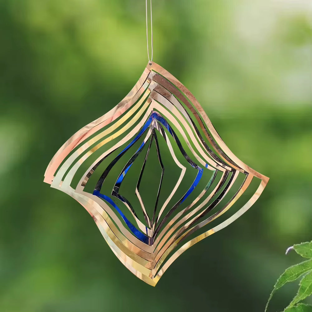 Diamond-shaped metal wind spinner with blue and silver spirals for garden decor