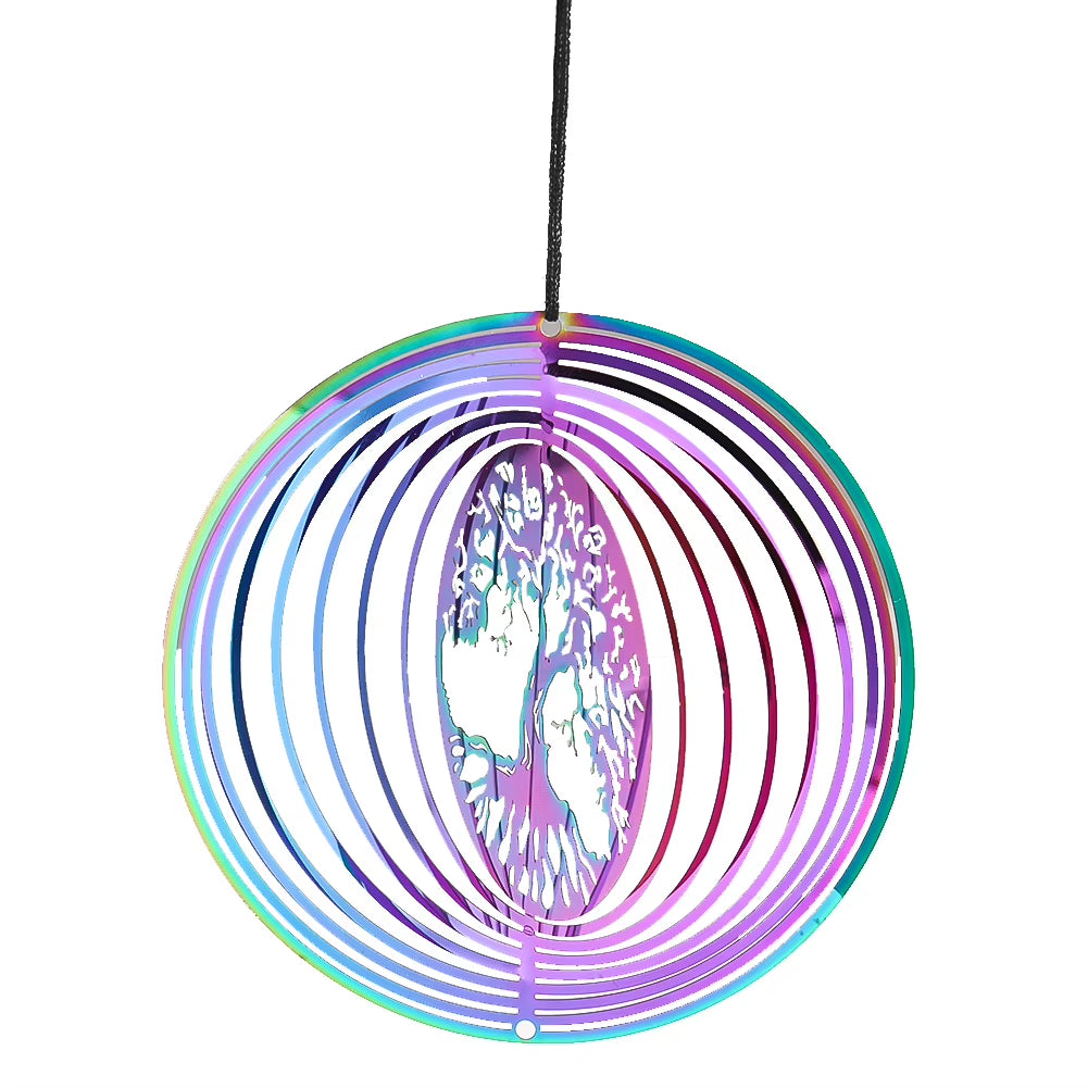 Iridescent Metal Tree of Life Kinetic Garden Wind Spinner with spiral design