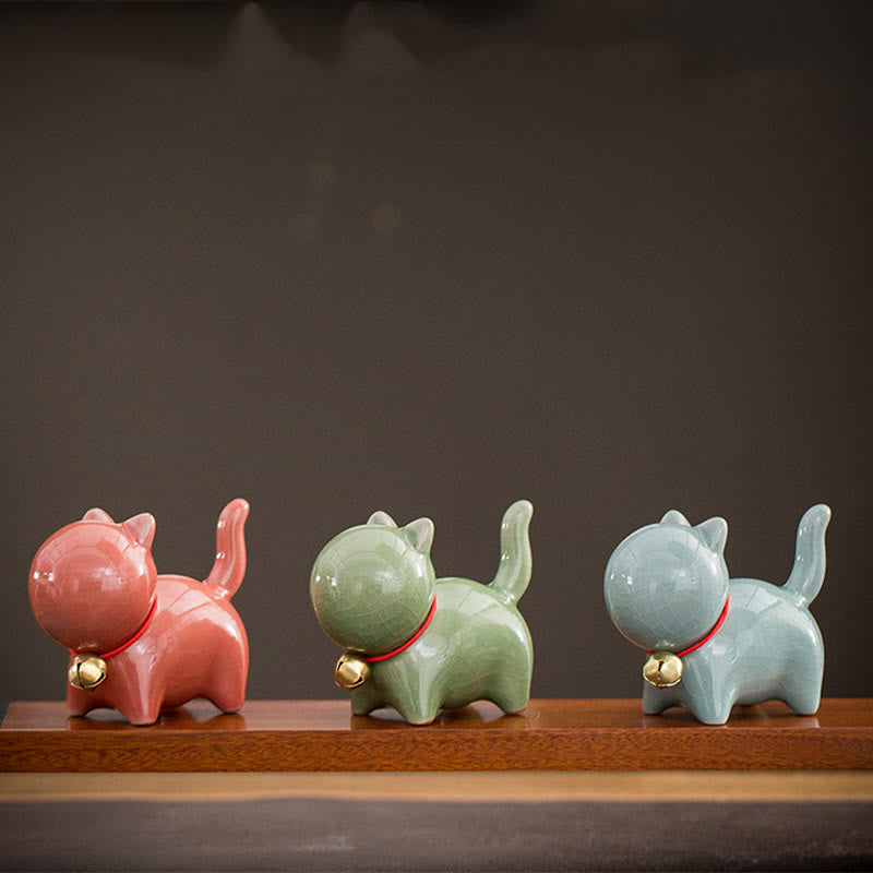 Mini-Glücksglocken-Katzenfigur aus Keramik für den Schreibtisch zu Hause